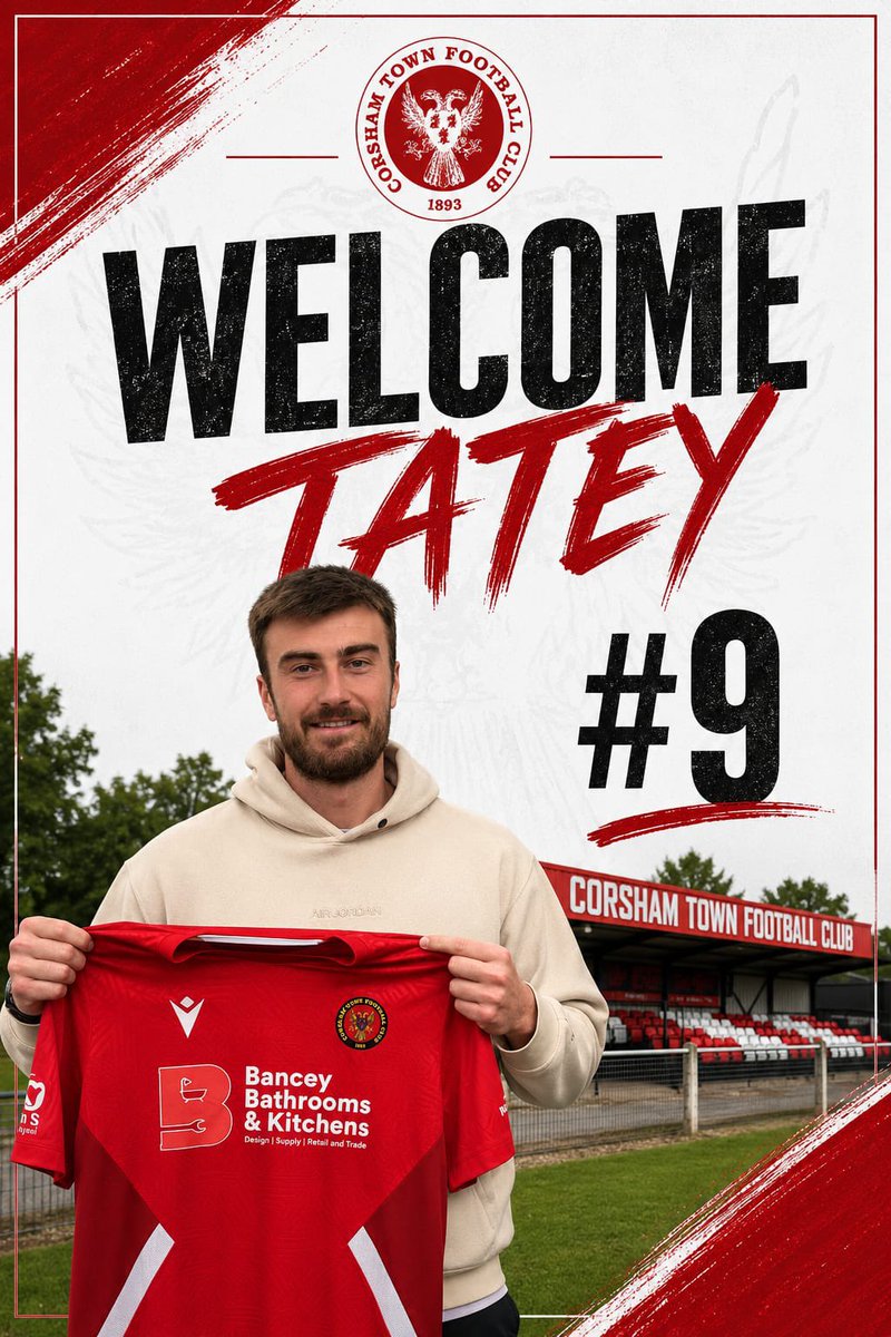 CorshamTownFC's tweet photo. Corsham Town FC are delighted to announce the signing of striker Dylan Tate.🔴⚪️

The Kiwi-born frontman arrives at The Southbank with a wealth of South West non-league experience, having represented the likes of Manor Farm, Bridgwater and Paulton Rovers throughout his career.

At 31, Tatey brings proven quality, experience and a real physical presence to the Corsham attack. A powerful number nine with an eye for goal, he's built a reputation for leading the line, causing defenders problems and finding the back of the net wherever he's played.

Having struggled for consistent football in recent seasons, Dylan is looking for a club to call home and we're thrilled that his next chapter will be in red and white.

 *Planky had this to say:* 

"It was a no-brainer when we heard Tatey was an option for us. With attacking wide players either side and creativity from behind, we need a big, powerful #9 who knows where the goal is.

He's already started his pre-season, putting in plenty of one-to-one work, and I'm buzzing to get working with him.

Players of Dylan's calibre don't become available very often at this level, so we're delighted to get this one over the line."

Welcome to The Southbank, Tatey. 🔴⚪

 #UTQ