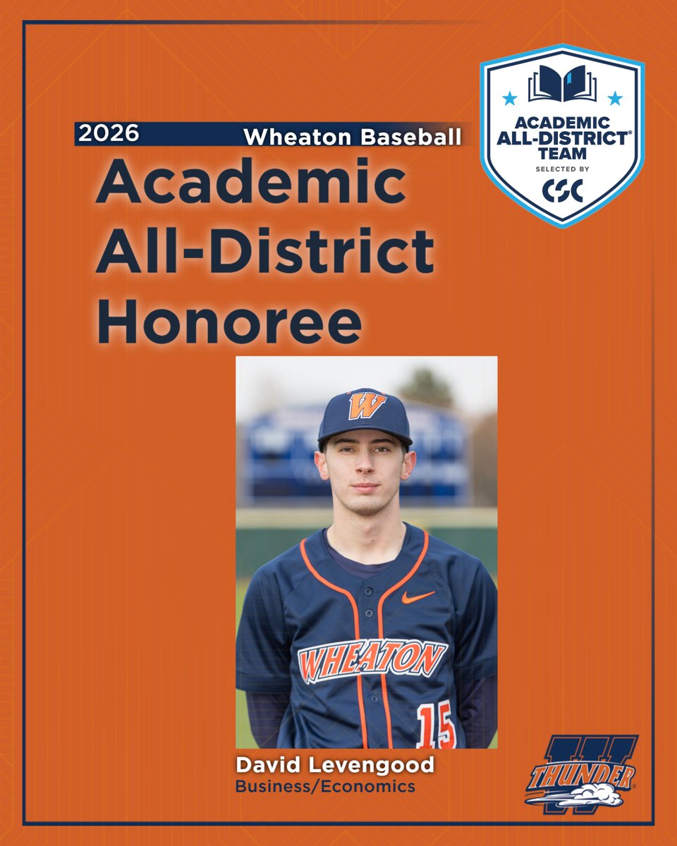 Wheaton_Thunder's tweet photo. Getting it done on the mound and in the classroom. ⚾📝

College Sports Communicators (CSC) has announced its Academic All-District Team for Division III baseball this morning, and junior pitcher Devid Levengood has earned the award for the first time in his career! 🏅

#LetsRoll https://t.co/ow7GylpfpI