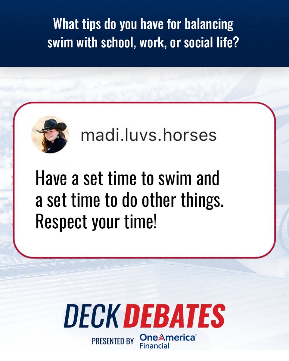 USASwimming's tweet photo. We asked, you answered! Here are some awesome ways you balance swim, work, and social life all at once.

Thanks for participating in Deck Debates presented by @OneAmerica. https://t.co/dSkRsymbRj