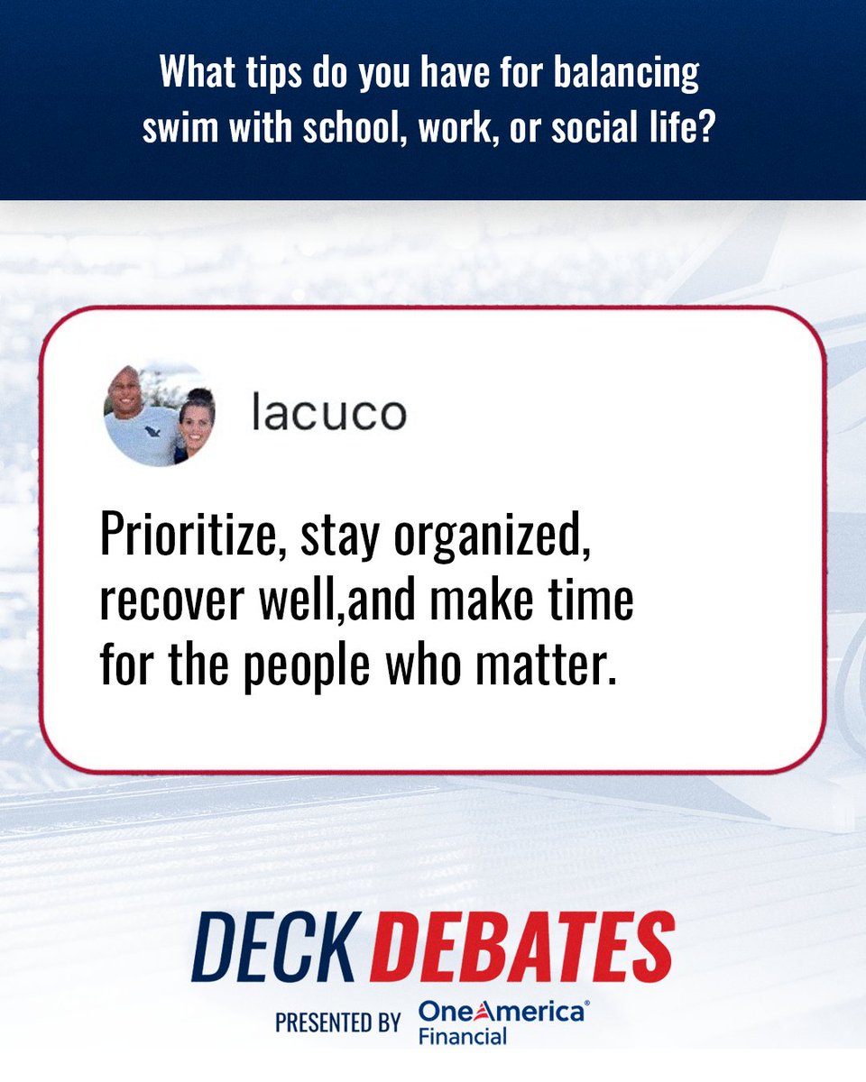 USASwimming's tweet photo. We asked, you answered! Here are some awesome ways you balance swim, work, and social life all at once.

Thanks for participating in Deck Debates presented by @OneAmerica. https://t.co/dSkRsymbRj