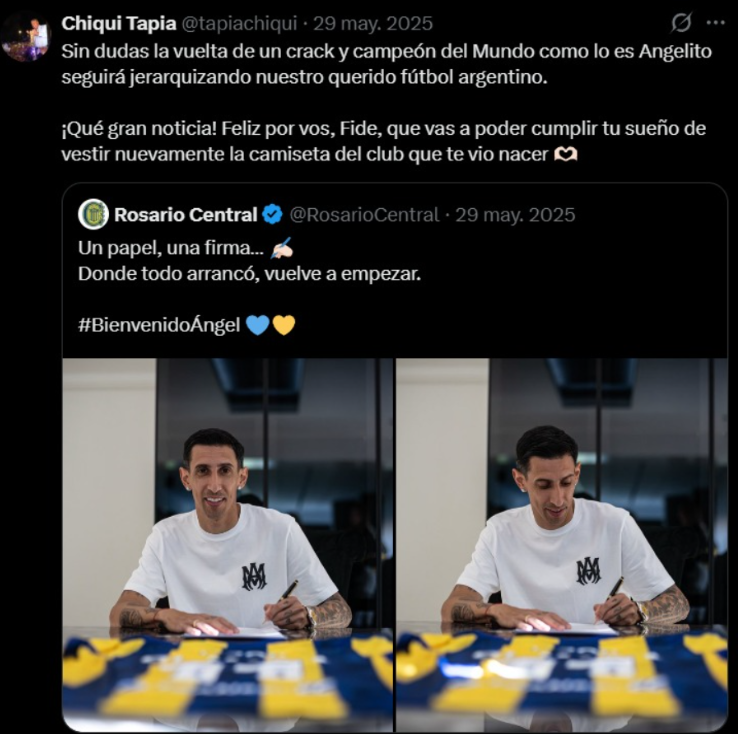 pablomonsa's tweet photo. Hola @tapiachiqui !
Pasaba por acá para que expliques porque no saludaste al campeon del mundo, @Notamendi30 cuando @RiverPlate anunció su contratación el 29/05/2026, justo un año después que si saludaste al secanucas de DiMaria cuando anunció su vuelta. 
Algo raro hay. https://t.co/0N3aa7Jmp6