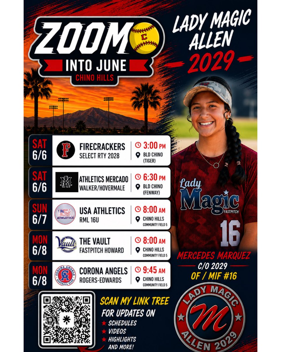 2029Marquez16's tweet photo. Summer is here and I'm ready to compete with my team. Our season starts off in So. Cal. Hope to see you there! @LineDsoftball
@ExtraInningSB @fastpitchwatch @ondecksoftball @TopPreps @PrepSoftball @SoftbalAmerica
#ladymagic #zoomintojune #roadtogreatness #classof2029 https://t.co/7ot81sKAbD
