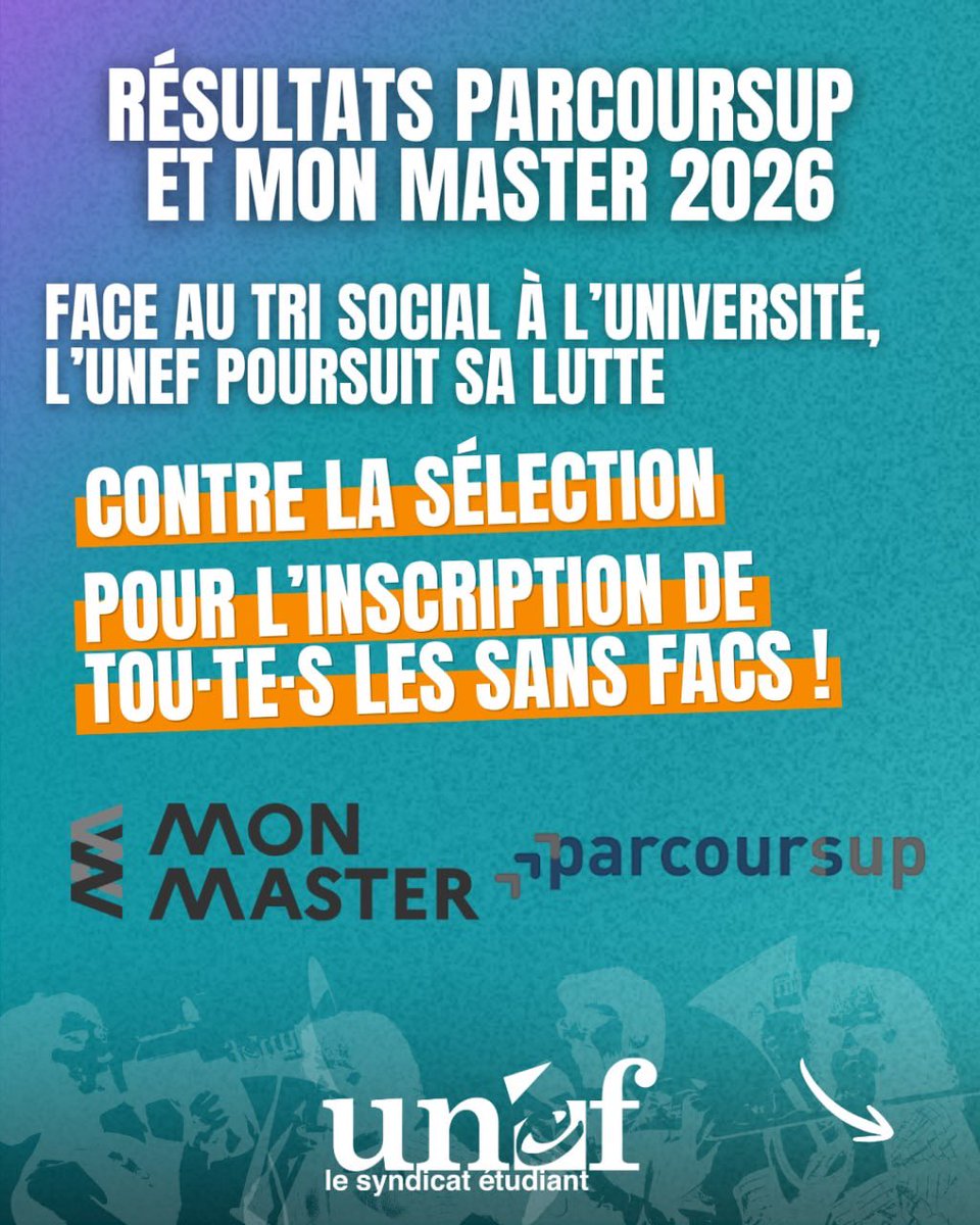 UNEF's tweet photo. Les résultats Parcoursup et Mon Master seront bientôt disponibles, créant encore une fois des milliers de jeunes sans facs. Face à la sélection sociale à l’entrée de l’université, organisons-nous !
1/2 https://t.co/6pqzOq3YSa