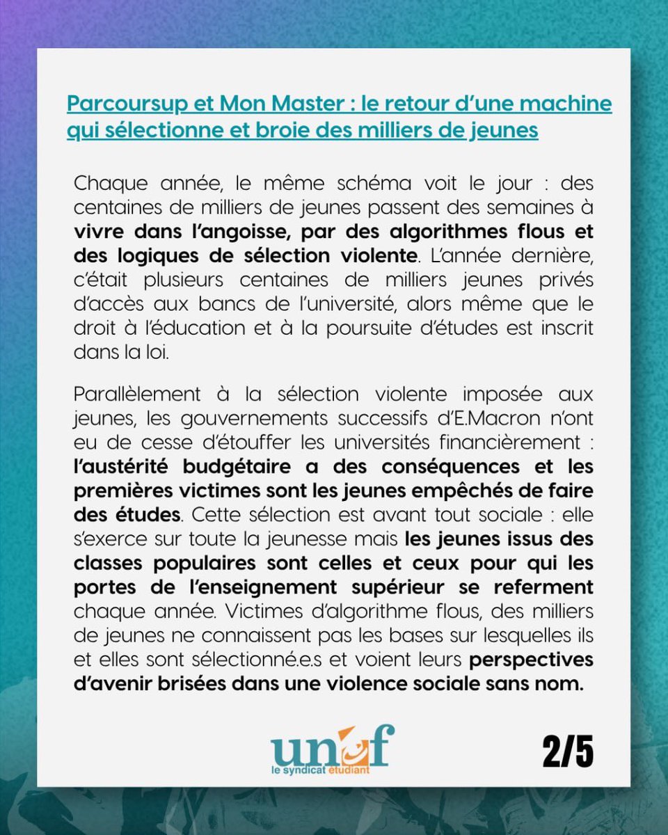 UNEF's tweet photo. Les résultats Parcoursup et Mon Master seront bientôt disponibles, créant encore une fois des milliers de jeunes sans facs. Face à la sélection sociale à l’entrée de l’université, organisons-nous !
1/2 https://t.co/6pqzOq3YSa