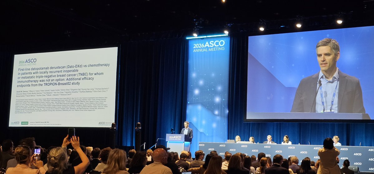 SusanGKomen's tweet photo. Can ADCs improve outcomes in pts who can't get immunotherapy? 

At #ASCO26, David Cescon, MD, PhD shared new TROPION-Breast02 data: Dato-DXd helped pts go longer w/o progression &amp; delayed need for further tx vs chemo, supporting it as a potential new 1L standard in mTNBC. @ASCO https://t.co/JQLP5VzWwz