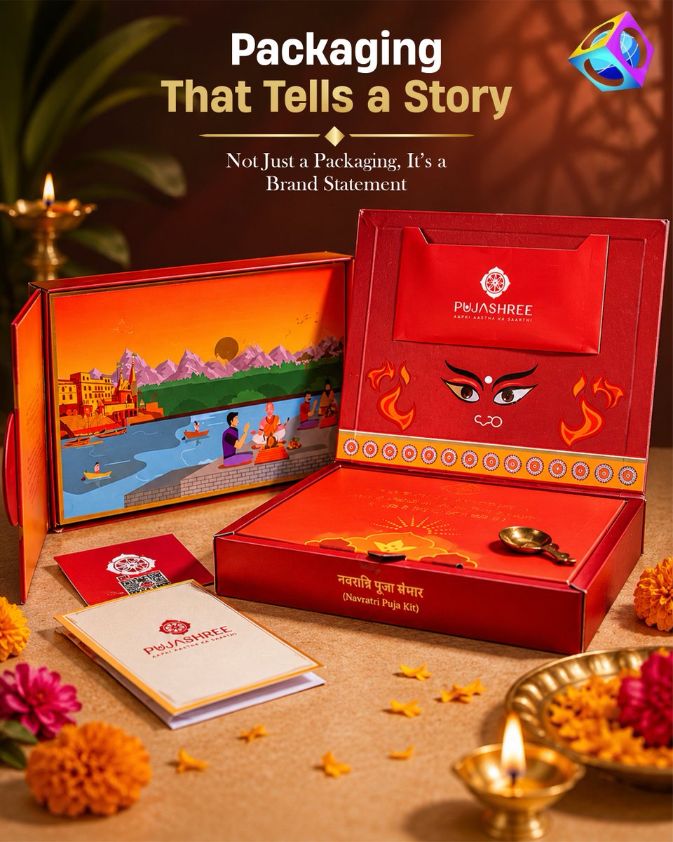 NaturePackaging's tweet photo. Packaging that Carries Culture within✨

Crafted for Pujashree - vibrant Varanasi Ghat scenes, Mata Rani's fierce eyes &amp; gold detailing that honors every sacred ritual it holds like a blessing🔱

DM 'FESTIVE' to build yours
.
.
#pujapackaging #navratri2026 #naturepackaging https://t.co/r2bvg10XuX