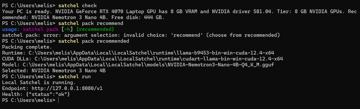 vmiss33's tweet photo. The feeling when it works.  Local Satchel automatically detects how much VRAM  your NVIDIA GPU has, selects a Nemotron model that will fit, then starts it.  You can even use a command to configure hermes agent to use it, so when you start hermes you're running local.  No subscription/API key required.