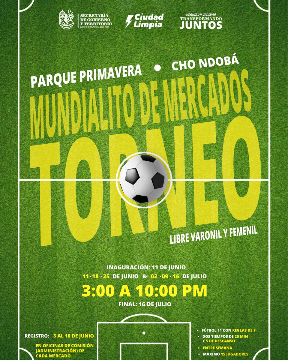 SDGYTOJ's tweet photo. ⚽ ¡El espíritu mundialista también se vive en nuestros mercados!🏆

Invitamos a l@s comerciantes a inscribirse y ser parte del Torneo Mundialito de Mercados, una gran convivencia deportiva que se llevará a cabo en el Parque Primavera, en las categorías Varonil y Femenil. https://t.co/6xrwoPo81U