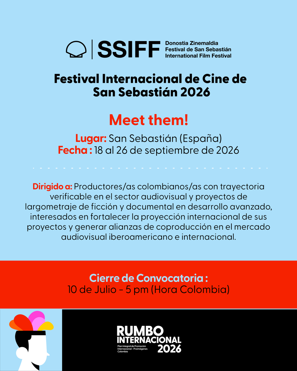Proimagenes's tweet photo. ¡El Plan Integral de Promoción Internacional 2026 abre una nueva ronda de oportunidades!

Liderado por #ProimágenesColombia y enmarcado en las apuestas del Consejo Nacional de las Artes y la Cultura en Cinematografía - #CNACC, a través del Fondo para el Desarrollo Cinematográfico - FDC, el Rumbo Internacional lleva a productores colombianos con proyectos en desarrollo avanzado a los siguientes destinos:

🍁 Toronto International Film Festival – TIFF (@tiff_net)
🗓️ Fecha: 10 a 20 de septiembre de 2026.
⏳ Cierre de postulaciones: 24 de junio

🎞️ MEET THEM! del Festival Internacional de Cine de San Sebastián (@sansebastianfes) 
🗓️ Fecha: 18 a 26 de septiembre de 2026.
⏳ Cierre de postulaciones: 10 de julio 

👽 Festival Internacional de Cine Fantástico de Catalunya - Sitges (@sitgesfestival)
🗓️ Fecha: 8 a 18 de octubre de 2026.
⏳ Cierre de postulaciones: 10 de julio 

📄 Consulte las bases y condiciones de cada convocatoria aquí: https://t.co/fCecHJ40hb

#SomosFDC #CineColombiano