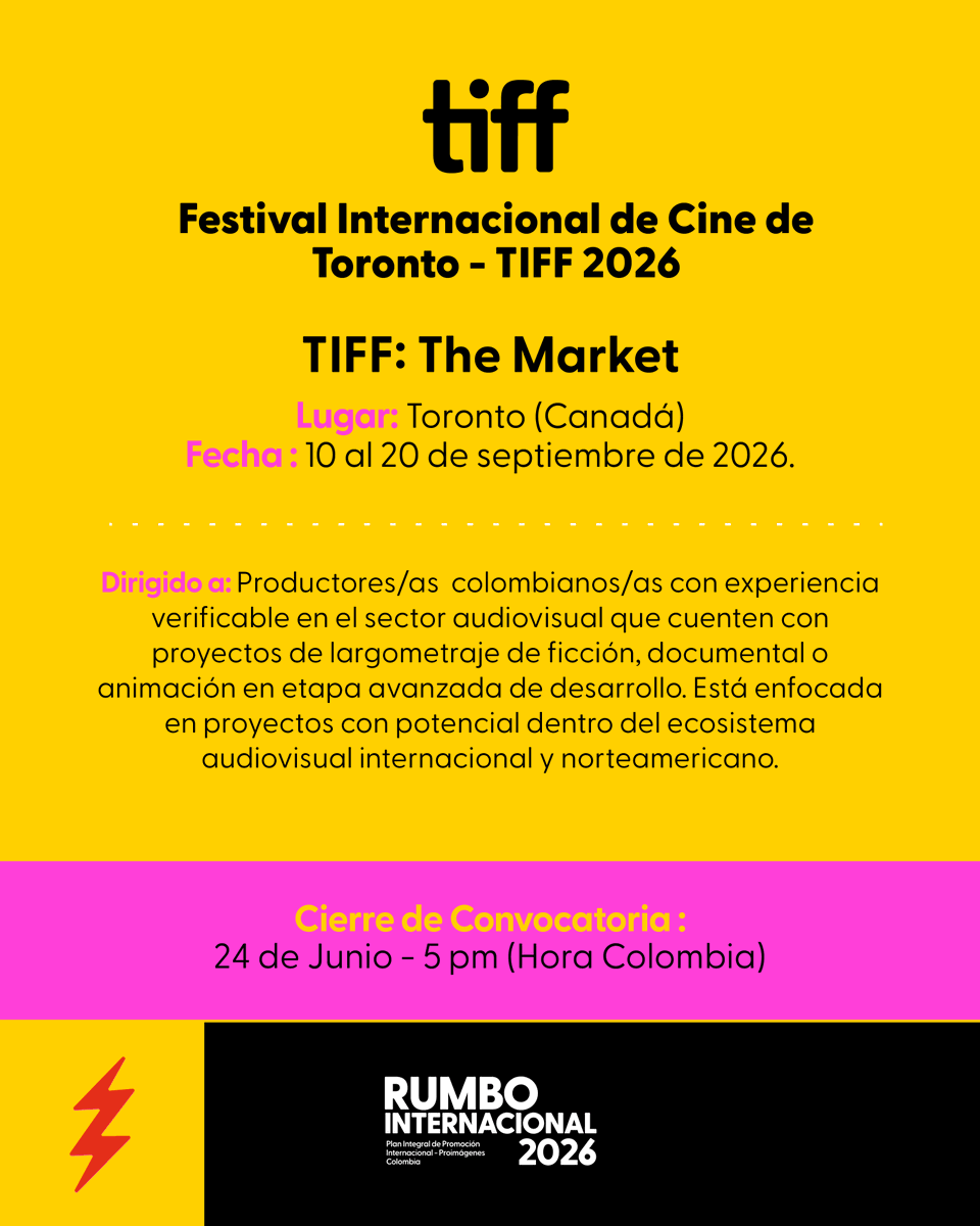 Proimagenes's tweet photo. ¡El Plan Integral de Promoción Internacional 2026 abre una nueva ronda de oportunidades!

Liderado por #ProimágenesColombia y enmarcado en las apuestas del Consejo Nacional de las Artes y la Cultura en Cinematografía - #CNACC, a través del Fondo para el Desarrollo Cinematográfico - FDC, el Rumbo Internacional lleva a productores colombianos con proyectos en desarrollo avanzado a los siguientes destinos:

🍁 Toronto International Film Festival – TIFF (@tiff_net)
🗓️ Fecha: 10 a 20 de septiembre de 2026.
⏳ Cierre de postulaciones: 24 de junio

🎞️ MEET THEM! del Festival Internacional de Cine de San Sebastián (@sansebastianfes) 
🗓️ Fecha: 18 a 26 de septiembre de 2026.
⏳ Cierre de postulaciones: 10 de julio 

👽 Festival Internacional de Cine Fantástico de Catalunya - Sitges (@sitgesfestival)
🗓️ Fecha: 8 a 18 de octubre de 2026.
⏳ Cierre de postulaciones: 10 de julio 

📄 Consulte las bases y condiciones de cada convocatoria aquí: https://t.co/fCecHJ40hb

#SomosFDC #CineColombiano