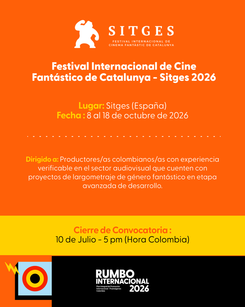 Proimagenes's tweet photo. ¡El Plan Integral de Promoción Internacional 2026 abre una nueva ronda de oportunidades!

Liderado por #ProimágenesColombia y enmarcado en las apuestas del Consejo Nacional de las Artes y la Cultura en Cinematografía - #CNACC, a través del Fondo para el Desarrollo Cinematográfico - FDC, el Rumbo Internacional lleva a productores colombianos con proyectos en desarrollo avanzado a los siguientes destinos:

🍁 Toronto International Film Festival – TIFF (@tiff_net)
🗓️ Fecha: 10 a 20 de septiembre de 2026.
⏳ Cierre de postulaciones: 24 de junio

🎞️ MEET THEM! del Festival Internacional de Cine de San Sebastián (@sansebastianfes) 
🗓️ Fecha: 18 a 26 de septiembre de 2026.
⏳ Cierre de postulaciones: 10 de julio 

👽 Festival Internacional de Cine Fantástico de Catalunya - Sitges (@sitgesfestival)
🗓️ Fecha: 8 a 18 de octubre de 2026.
⏳ Cierre de postulaciones: 10 de julio 

📄 Consulte las bases y condiciones de cada convocatoria aquí: https://t.co/fCecHJ40hb

#SomosFDC #CineColombiano