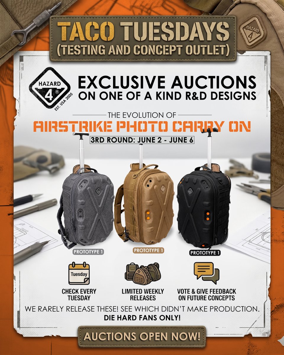 hazard4's tweet photo. TACO Tuesday | Test and Concept Outlet – Auction Round 3 OPEN NOW 📷 https://t.co/CsdpcGMqI7

#EDC #GearDrop #Hazard4 https://t.co/p2JuqwlViL