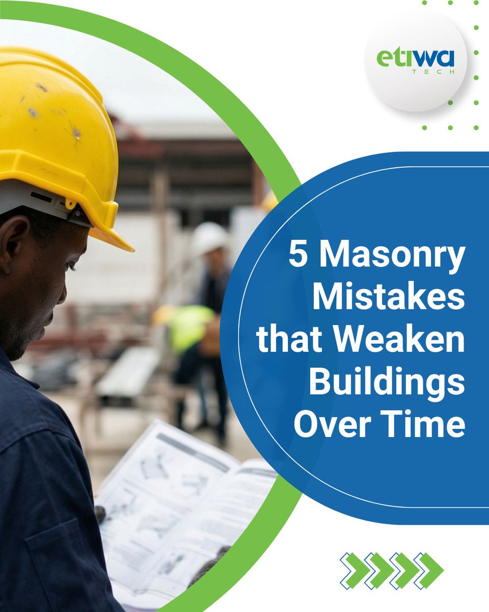 EtiwaTech's tweet photo. Masonry quality directly impacts the strength and durability of any structure.
These are 5 common mistakes that compromise long-term performance.
#EtiwaTech #Masonry #BuildingStandards #ConstructionNigeria #BuildingSmart https://t.co/d3VREiad47