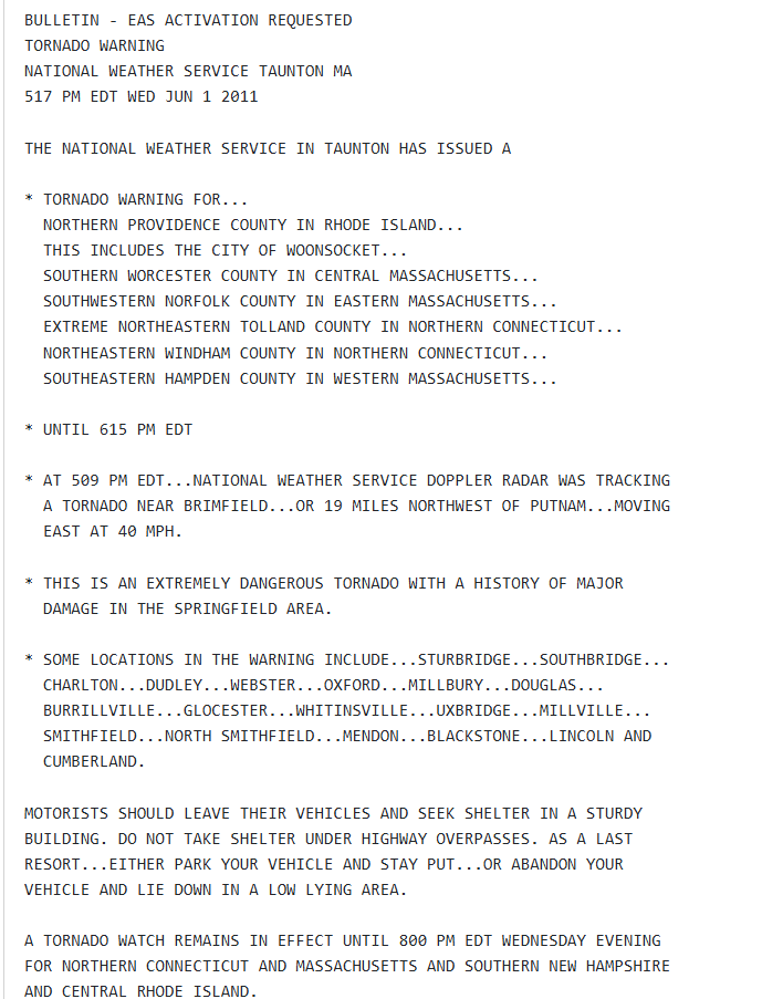 user152376's tweet photo. the 2 strongest worded EAS messages for the #springfield #MA EF3 tornado of 6/1/2011. #wxtwitter https://t.co/5xzTCe0ayk