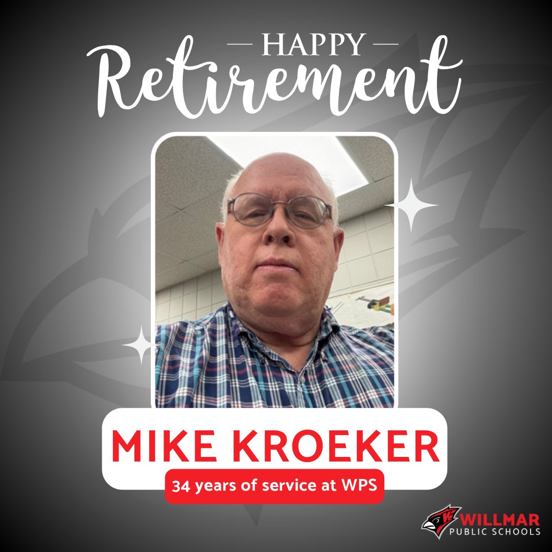 ISD347's tweet photo. After 34 years of dedicated service, we are celebrating the retirement of Mike Kroeker! ๐
#WillmarPublicSchools #HappyRetirement #WPSProud https://t.co/egT8LhT8TB