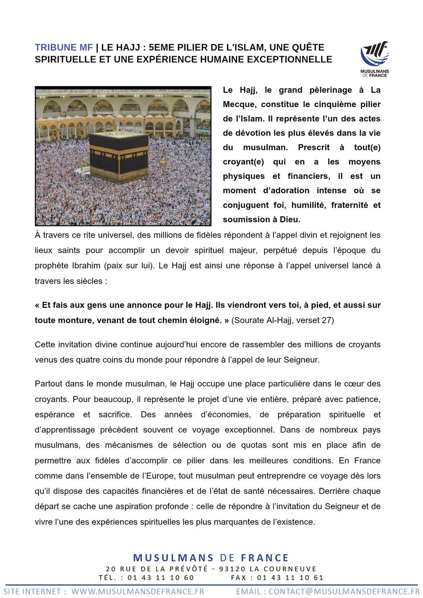 MF_Musulmans's tweet photo. Le Hajj est bien plus qu’un voyage. C’est une école de foi, d’humilité, de fraternité et de retour à Dieu. À l’occasion du pèlerinage 2026, Musulmans de France revient sur la portée spirituelle et humaine de ce cinquième pilier de l’Islam.

#Hajj2026 #Pèlerinage #Islam https://t.co/crHML3CveL