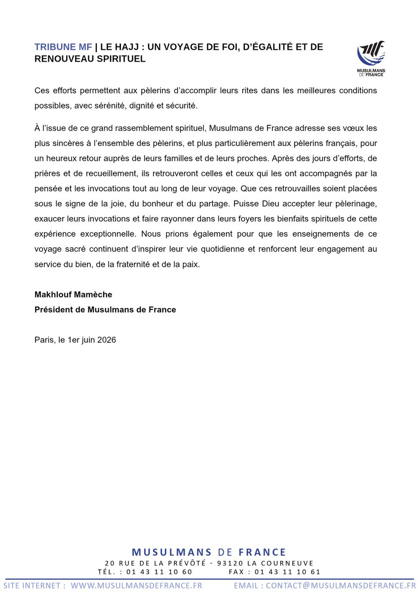 MF_Musulmans's tweet photo. Le Hajj est bien plus qu’un voyage. C’est une école de foi, d’humilité, de fraternité et de retour à Dieu. À l’occasion du pèlerinage 2026, Musulmans de France revient sur la portée spirituelle et humaine de ce cinquième pilier de l’Islam.

#Hajj2026 #Pèlerinage #Islam https://t.co/crHML3CveL