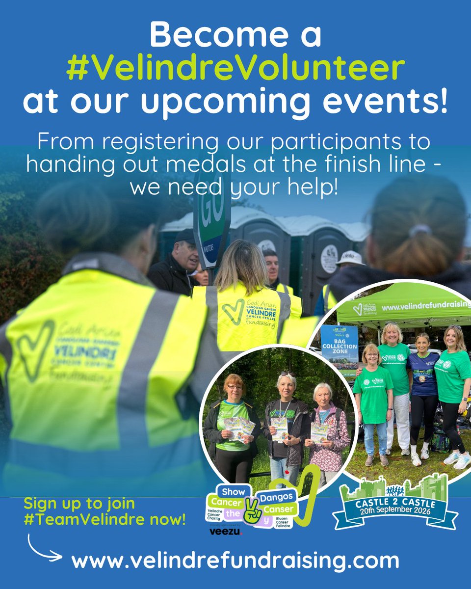 Velindre's tweet photo. There’s plenty to get involved with as a #VelindreVolunteer, including:

📣 Promoting our brand-new events 
📝 Registering our amazing participants 
💧 Handing out water and snacks 
🏅 Awarding those well-earned finishers’ medals 

Sign up👉https://t.co/uNo6m9KJ7E https://t.co/ibjKOkGWYz