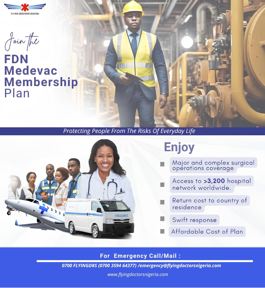 FlyingDoctorsNG's tweet photo. What would you do in a critical health crisis with no hospital nearby?

With Flying Doctors Nigeria's Medevac Membership Cover, get swift access to quality medical facilities via our air &amp; ground ambulance services.

Register: https://t.co/MAswTOlSui
📞 09164500023
#Medevac https://t.co/ZCm2Ck146Q