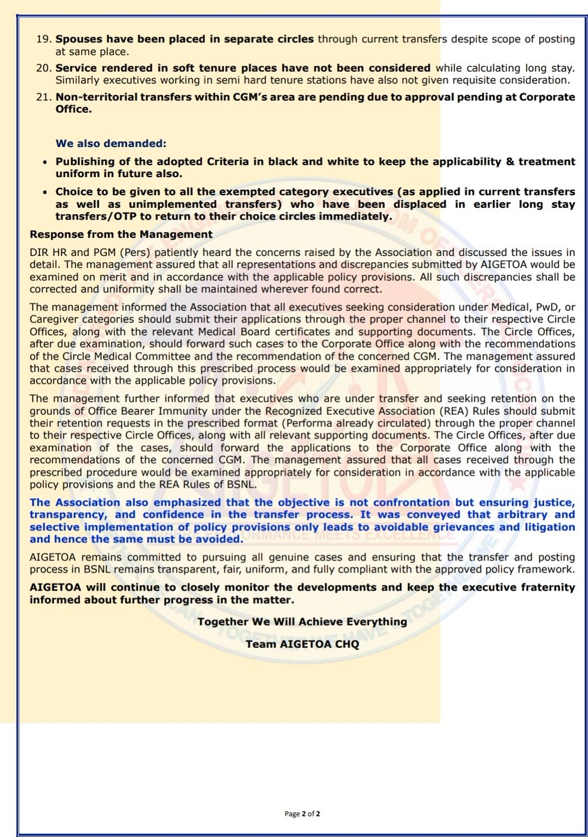 aigetoachq's tweet photo. Update on -Discussion of TEAM AIGETOA with PGM Pers and Director HR on Discrepancies on Transfer Cases for week ending 29-05-2026 as per the direction given by CMD BSNL in the meeting with AIGETOA
#Implement3rdPRC #E2E3PayScales #30PercentSAB #ResolvePayLossIssues #Update1996TADARules #OneCompanyOnePolicy #InternalManagementHierarchy #PromotionsNow #TimelyExecutivePromotions #ScrapSETRecruitment #RegularCMDforBSNL #BDM #AIGETOA #OneCompanyOnePolicy #HRJustice #DelhiDeclaration #TogetherWeWillAchieve