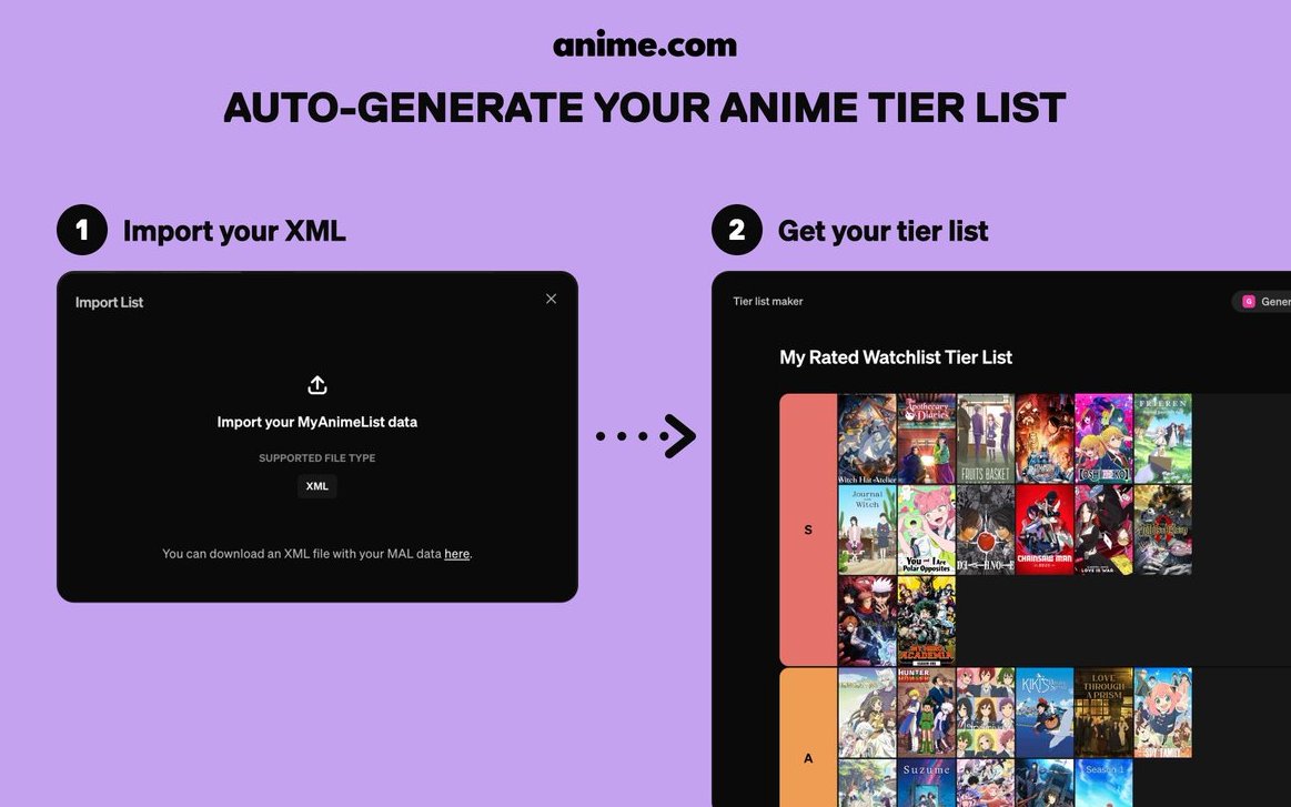 animecom's tweet photo. How to instantly turn your MAL list into a tier list✨

1. Go to your anime.​com profile
2. Scroll to your watchlist and import your MAL xml file
3. Click "Generate Tier List" 
4. Download and publish! https://t.co/wtoICiWRLi