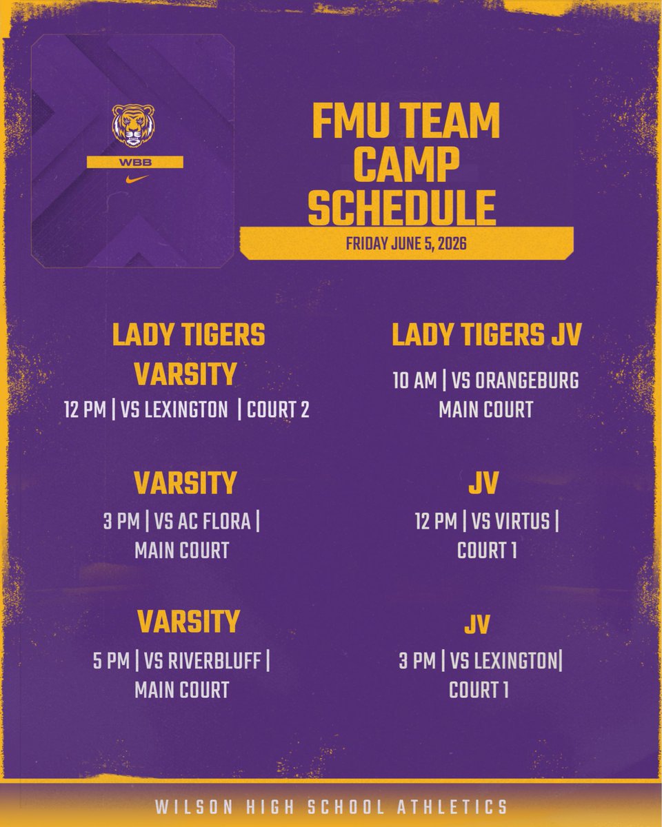 WHSWBB_'s tweet photo. 🏀 FMU Team Camp

📍 Francis Marion University

JV &amp; Varsity in action on June 5th! 💜💛🐅

#LadyTigersBasketball #Wearewilson #FMUTeamCamp #WilsonAthletics https://t.co/qeaI5A3b2l