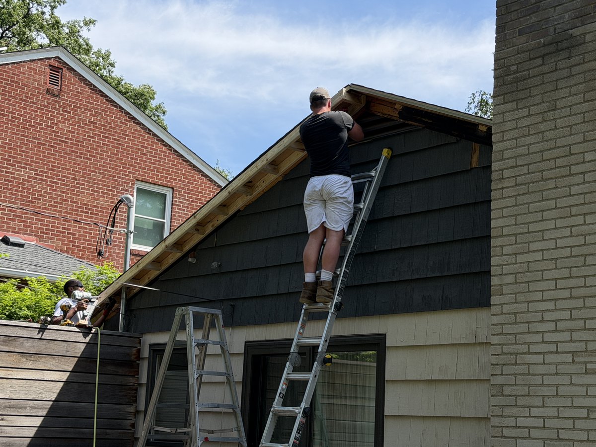 Quarvemn's tweet photo. increasing the gable overhangs on this St Paul home to prepare for continuous wall insulation as a future project. Standing seam metal roof going in later the week. https://t.co/wiiHO67v5U https://t.co/s2aL9NUUwE