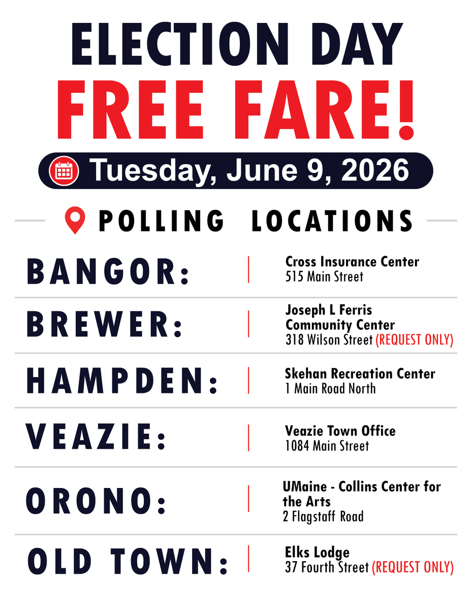 batcc's tweet photo. On Tuesday, June 9, 2026, all fixed-route and ADA paratransit rides will be free to help voters get to their polling locations.

✔ Bangor
✔ Brewer*
✔ Hampden
✔ Veazie
✔ Orono
✔ Old Town*

*Transportation to polling locations in Brewer and Old Town is available by request. https://t.co/mXocIyG27i