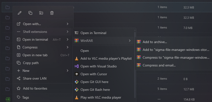 sigma__dev's tweet photo. SFM progress: Display modern context menu options, registered by modern apps

Changes:
- Now modern apps that register their options in Windows, should also appear in the "Context menu > Shell Extensions"