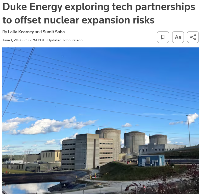 HopfJames's tweet photo. Even large nuclear utilities like Duke are trying to make deals with tech (data center) companies, i.e., to have such companies shoulder some of the financial risk of new nuclear construction.  Article link in reply.

Such deep-pocketed companies may be the "first adopters" that jump start the new nuclear construction industry.  They will take on the higher costs and risks of the first reactor builds.  Once several reactors are built, the rest of us will benefit from lower costs of follow-on reactors.  (Kinda like what happed with plasma TVs...)