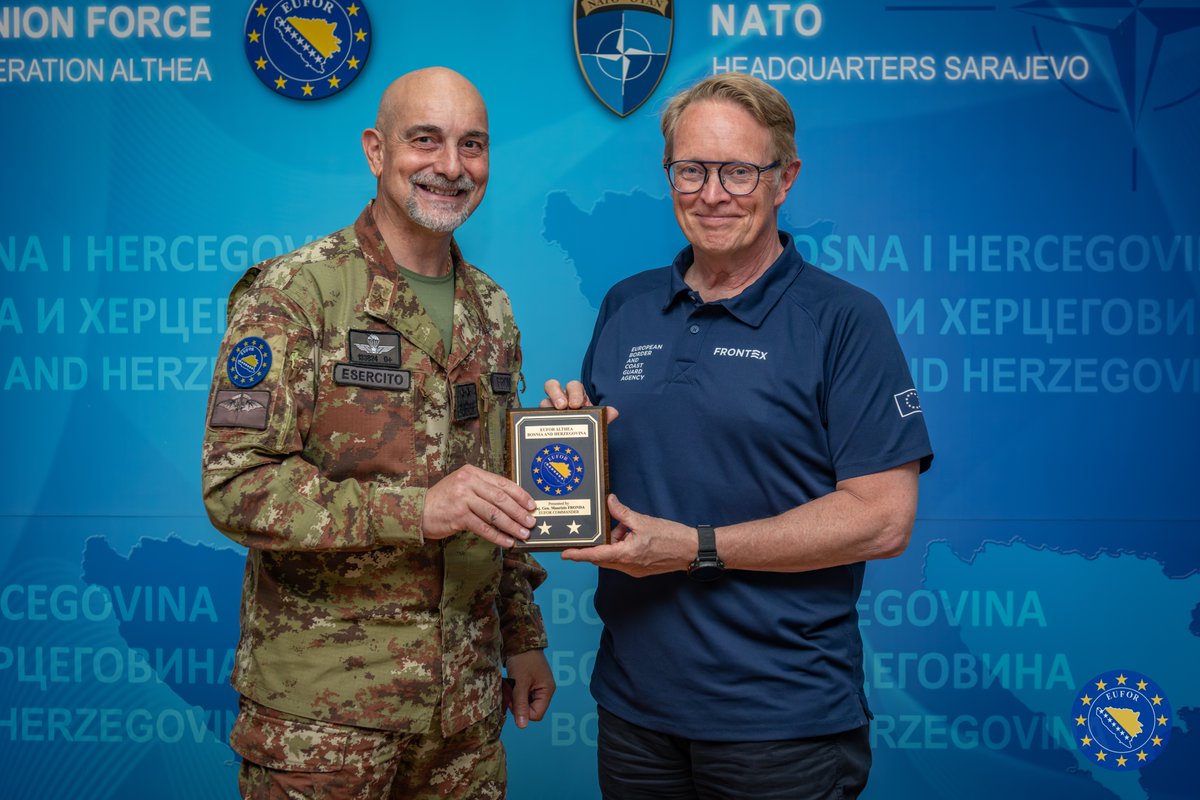 euforbih's tweet photo. COM EUFOR Maj Gen Fronda hosted Frontex Executive Director Mr. Hans Leijtens to discuss strengthening cooperation in support of regional security. They signed a Letter of Intent establishing a framework for practical cooperation between EUFOR and Frontex. https://t.co/Xln14VyLBk https://t.co/VOq1T3Fv76