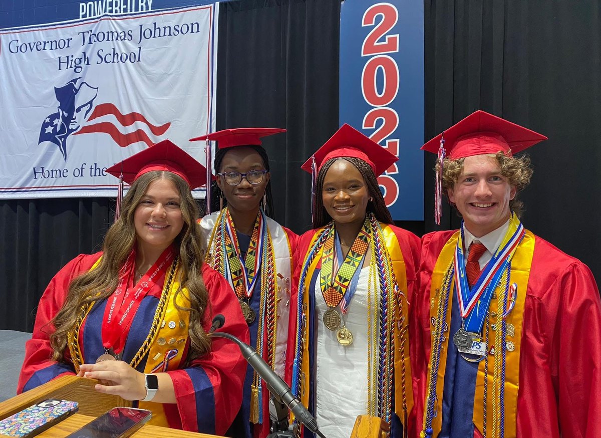 FCPSMaryland's tweet photo. Congratulations to the TJ High Class of 2026! Livestream the graduation ceremony here: https://t.co/SqwZYjtoui

Pictured: TJ Senior Class President Audrey Sauter, Senior Co-Vice President Adeola Adebambo, Student Speaker Temidire Oluboyo and Senior Co-Vice President Cole Carpenter