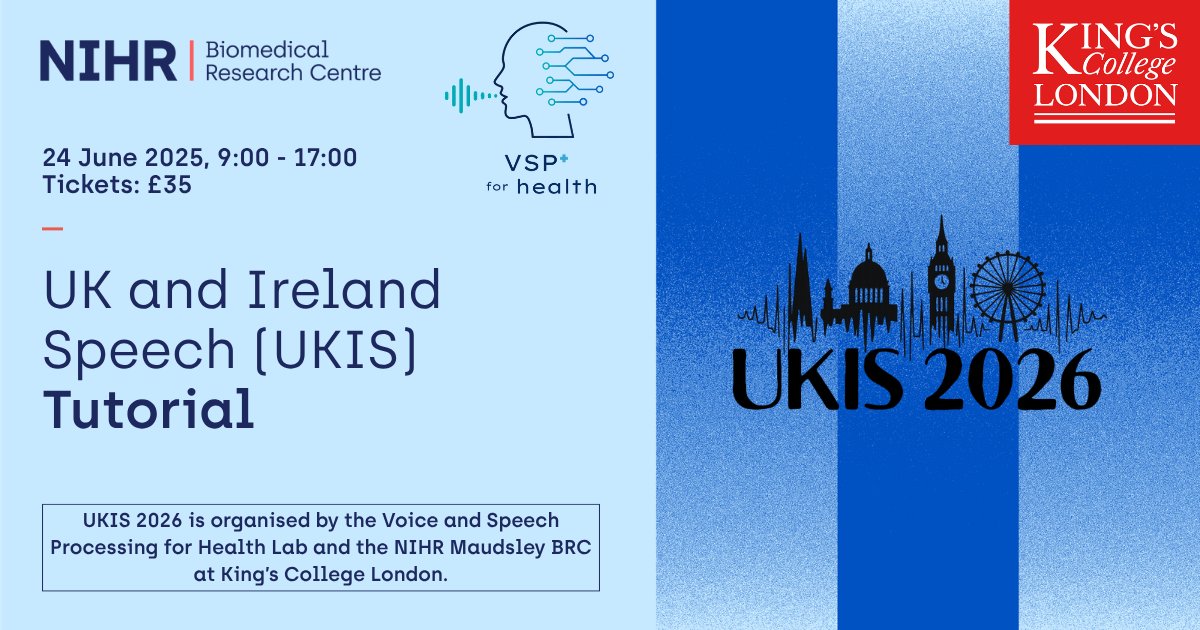 NIHRMaudsleyBRC's tweet photo. This year at #UKIS you can join a tutorial session (24 June) for students, on current advances in #speechtechnologies for healthcare + a hands-on session on feature extraction, modelling, and analysis.

More info: https://t.co/vAEZ1KxMJR 

Register: https://t.co/YofP3kcSXa https://t.co/P2Sa6Fi4V5