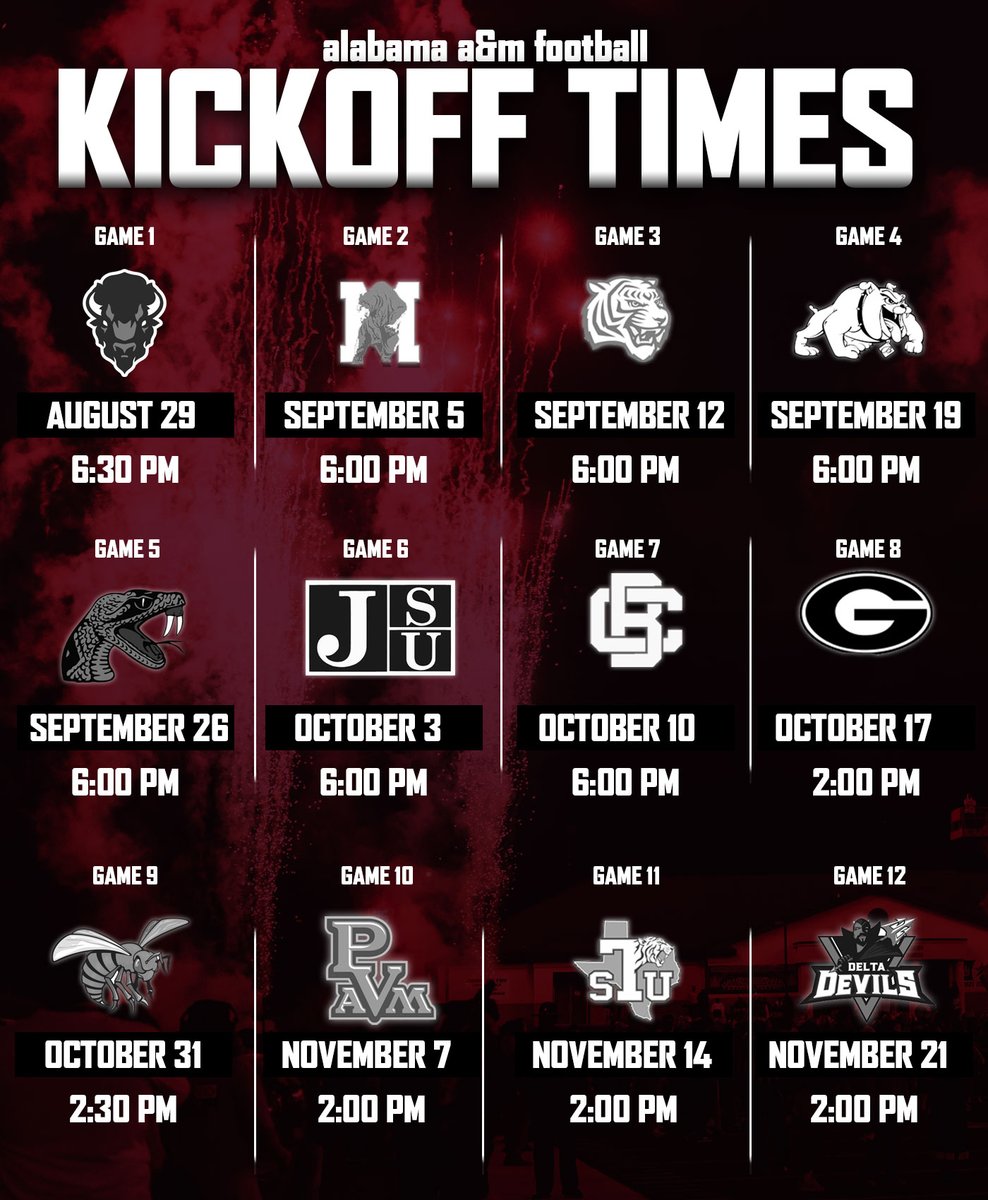 _AAMUAthletics's tweet photo. 𝗟𝗼𝗰𝗸 𝗶𝘁 𝗶𝗻... 𝗞𝗶𝗰𝗸𝗼𝗳𝗳 𝗧𝗶𝗺𝗲𝘀 𝗦𝗲𝘁 𝗳𝗼𝗿 𝟮𝟬𝟮𝟲 𝗔𝗹𝗮𝗯𝗮𝗺𝗮 𝗔&amp;𝗠 𝗙𝗼𝗼𝘁𝗯𝗮𝗹𝗹 𝗦𝗲𝗮𝘀𝗼𝗻

#𝗗𝗮𝗖𝗵𝗮𝘀𝗲 | #𝗗𝗮𝘄𝗴𝗡𝗮𝘁𝗶𝗼𝗻 https://t.co/aLbky0S5Hg