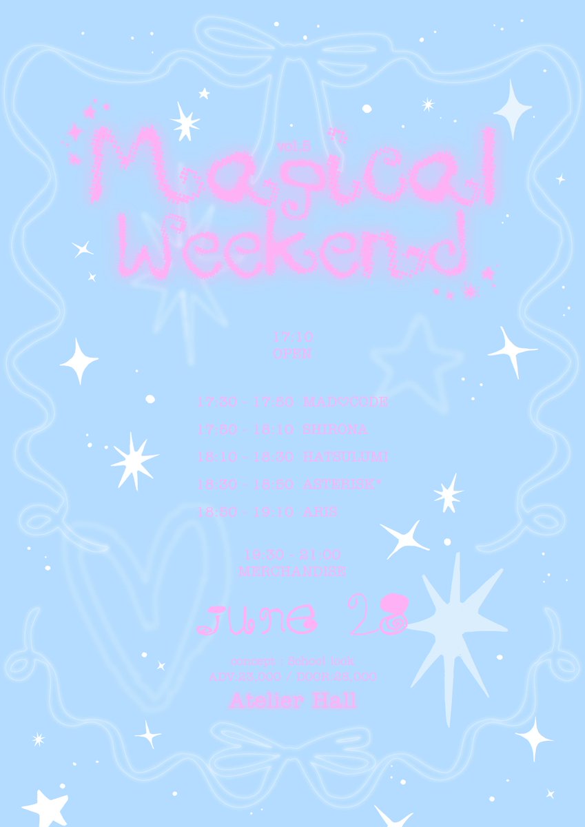 MADCODE__info's tweet photo. Magical Weekend vol.5

—̳͟͞͞❤︎ 2026.06.28(일)
아틀리에홀

𝗢𝗣𝗘𝗡 17:10  /  𝗦𝗧𝗔𝗥𝗧 17:30
ADV 23,000  /  DOOR 28,000

—̳͟͞͞❤︎ 메아테 특전 ➟ 특전권 1장 + 1pt

《 예약 링크 》
https://t.co/Chh7qk7DqN

#MDCD_LIVE #매드코드 https://t.co/x3BcVMyu7p