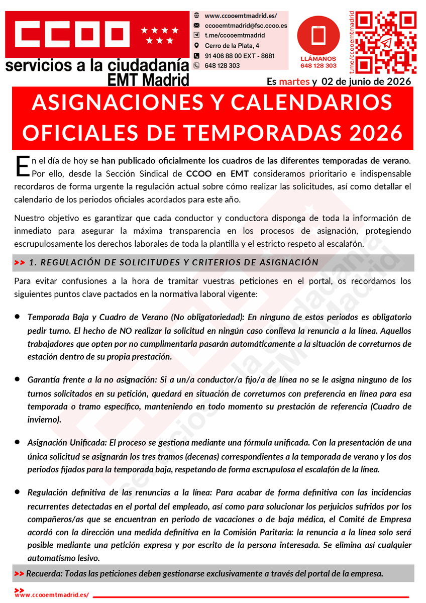 CCOO_EMTMadrid's tweet photo. 🔈 COMUNICADO SOLICITUDES, ASIGNACIONES Y CALENDARIOS OFICIALES TEMPORADAS CONDUCTORES/AS 🗓

⬅️ https://t.co/C5ExRHU3TF 👈🏻 

Síguenos en nuestros canales informativos. Todo lo que te interesa sobre EMT y más.
NO DEJES DE COMPARTIR NUESTROS CANALES

#INDISPENSABLES https://t.co/EprVPBQmBr