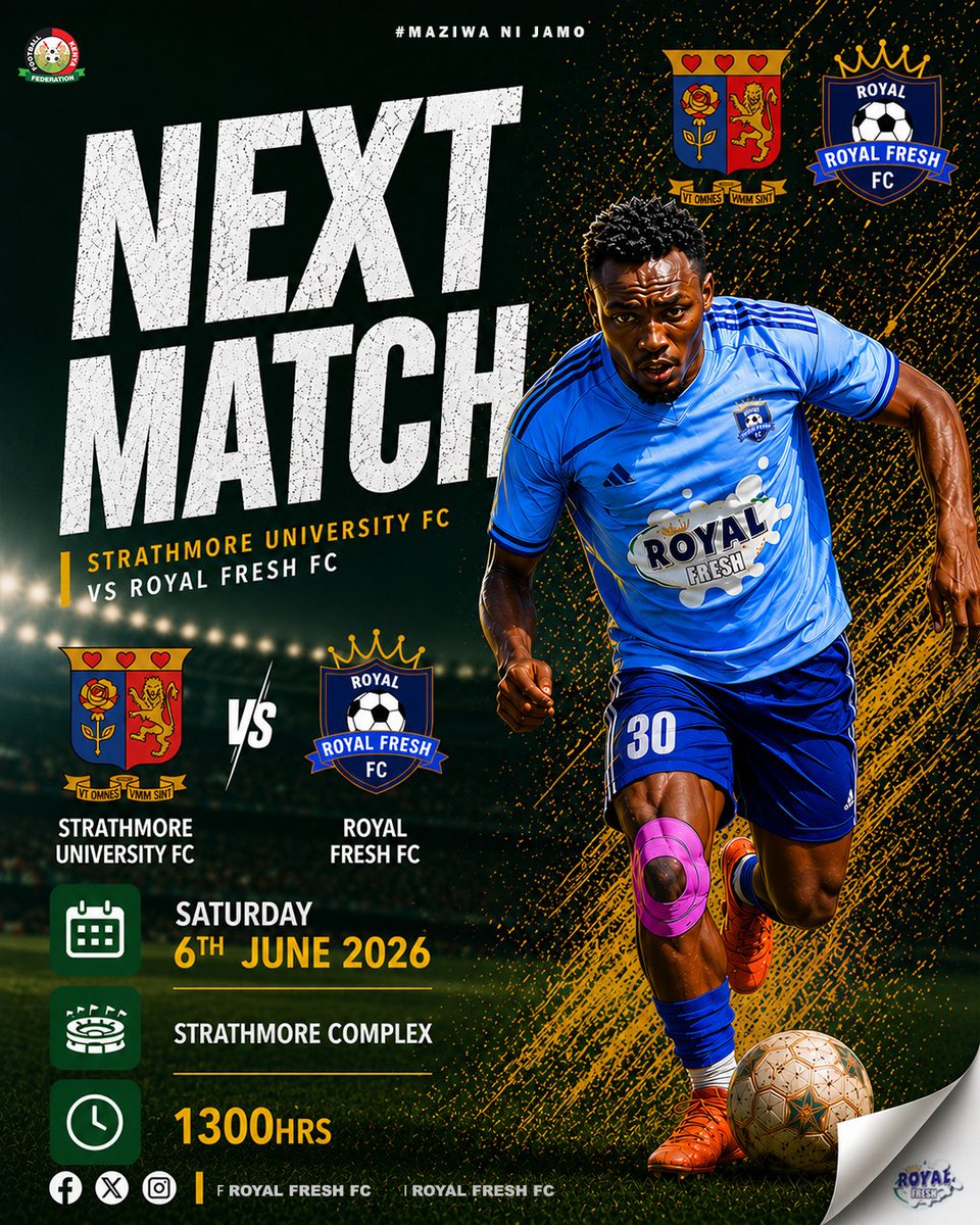 royalfreshfc's tweet photo. ⚽👑 Saturday Football Loading… 🔥

We will be back in action this weekend as we face Strathmore University at the Strathmore Complex 💪⚽

📍 Strathmore Complex
🗓️ Saturday 6th June 
⏰ 1:00PM

 Football Vibes.
See you there! 🔥💙

#maziwanijamo #royalfreshfc #div1 https://t.co/l7kN9sAytQ