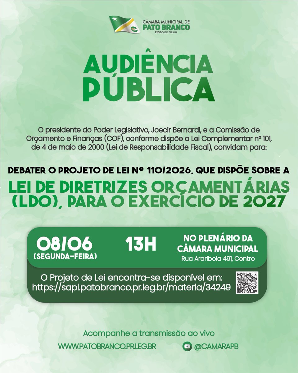 camarapb's tweet photo. O presidente do Poder Legislativo, Joecir Bernardi, e a COF, convidam para debater o Projeto de Lei nº 110/2026, que dispõe sobre a Lei de Diretrizes Orçamentárias (LDO), para o exercício de 2027, dia 8 de junho de 2026, às 13h, no Plenário de Sessões da Câmara Municipal. https://t.co/eD0KbpHT1D