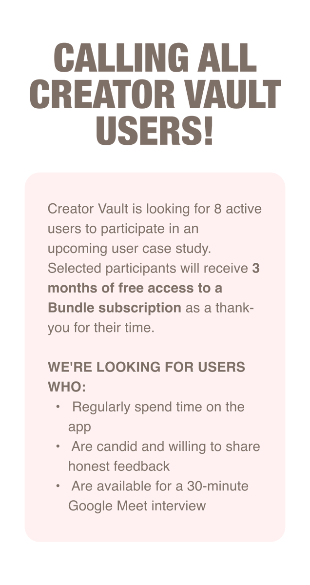 creatorvaultapp's tweet photo. calling all content creators 🗣️🗣️🗣️

who wants 3 free months to creator vault? 👀 

apply to our case study below! https://t.co/EnIgys66JS