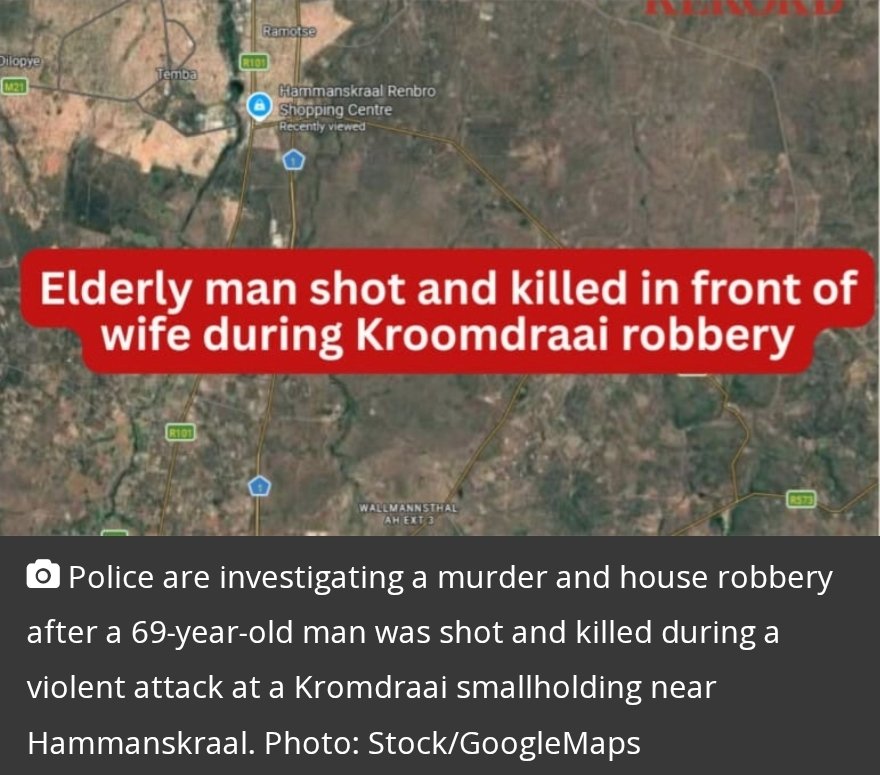 RiseAgainstEvil's tweet photo. Yesterday, a 69-year-old man was shot and killed in front of his wife during a brutal home robbery at their smallholding on Seren Street in Kromdraai (near Hammanskraal).

According to police, three African male suspects forced entry into the main house around 22:00. They first tied up the victim’s brother who was sleeping inside, then forced him to lead them to an outside room where the elderly couple was.

The 69-year-old  opened the door. He was shot without hesitation and collapsed. He sustained multiple gunshot wounds to the head and declared dead at the scene by paramedics.

The attackers then loaded various household and garden items into a silver 2005-model Volkswagen Passat parked outside before fleeing. One suspect drove off in the stolen vehicle while the other two escaped on foot.

No arrests have been made. The victim’s name has not been released publicly yet.

South Africa continues to bleed. When will this end?