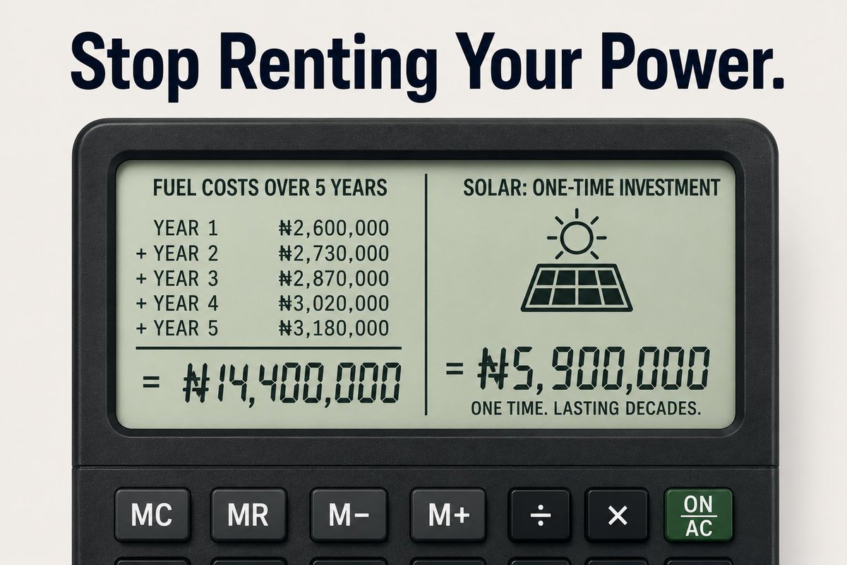 TDLsolarhub's tweet photo. Do the math. Buying fuel daily is like renting your electricity at an inflated rate—and you never get to own the generator's fuel tank. Solar is a one-time investment that pays you back every single day. Let’s calculate your savings! 📊🔋
#FinancialFreedom #SolarInvestment #SmartEnergy