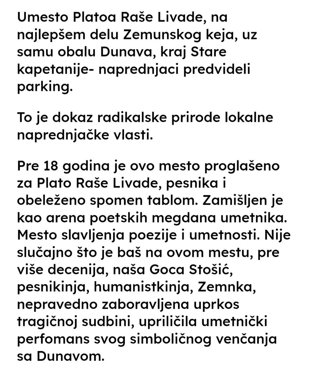 SSPZemun's tweet photo. Umesto Platoa Raše Livade, na najlepšem delu Zemunskog keia, uz samu obalu Dunava, kraj Stare kapetanije- naprednjaci predvideli parking.
To je dokaz radikalske prirode lokalne napredniačke vlasti. https://t.co/W3JDVVBbEo