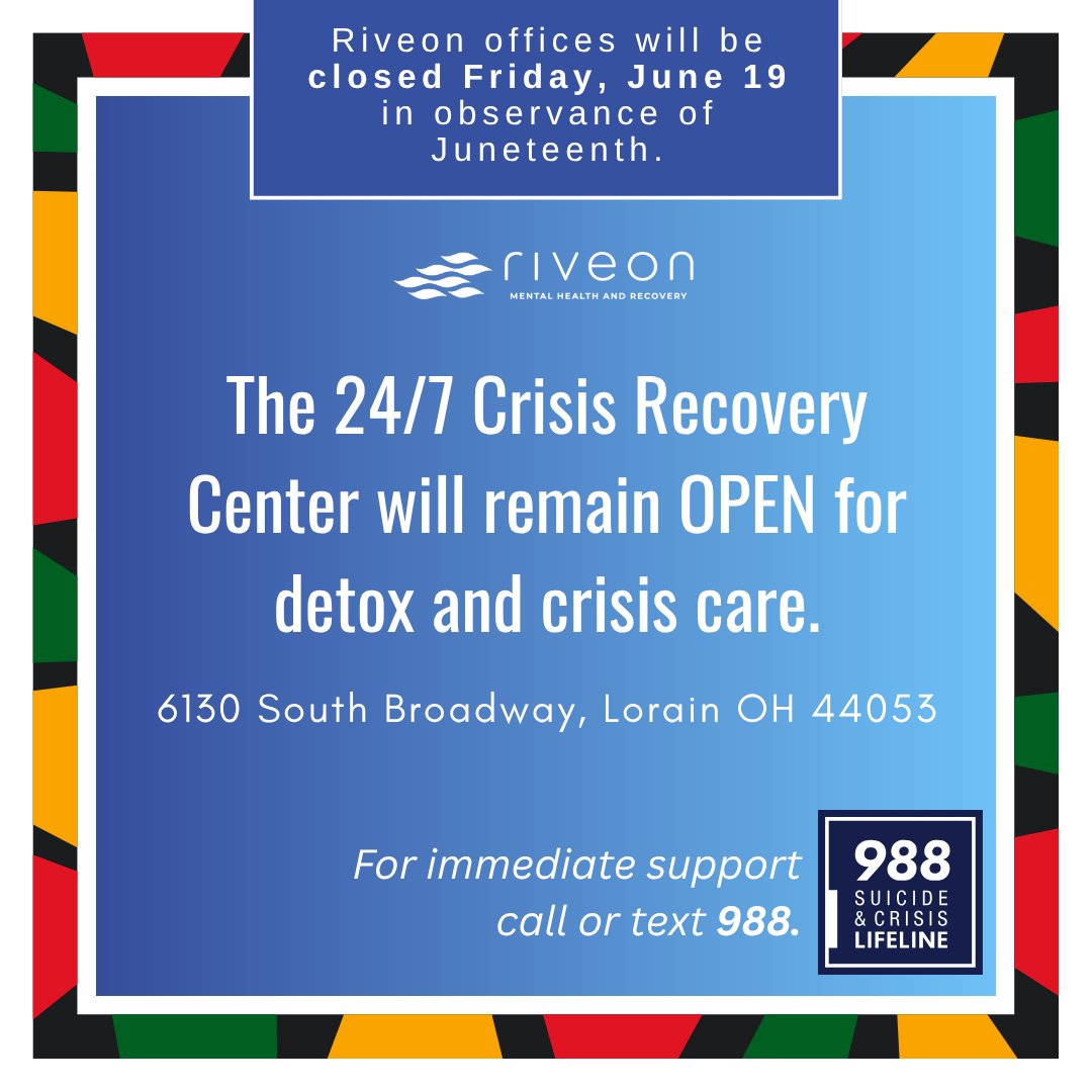 RiveonHealth's tweet photo. Riveon offices will be closed today.

The Lorain County Crisis Recovery Center is open 24/7/365:
📍 6130 South Broadway, Lorain
Call or text 988 for immediate support.
 Always Here. Always Ready. https://t.co/3jSCvHXfzr
