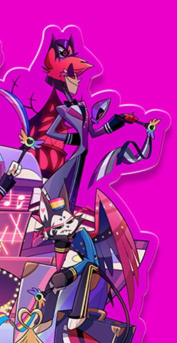 hexadecimalhues's tweet photo. if alastor and husk are actually looking out at a vees pride float with vox and angel on it

then congrats hazbin merch team, you've finally cracked the code on how to get me to buy your boring safe group standees https://t.co/ZxzGcukUFX