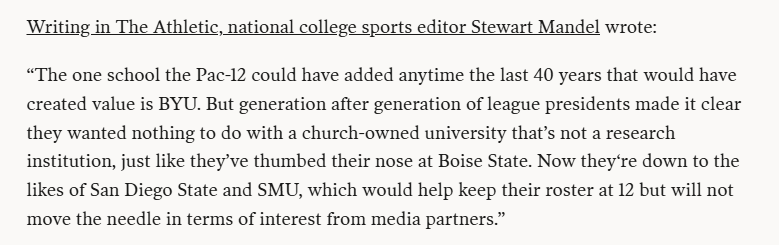 jjfuller72's tweet photo. Two key quotes from that Harmon article 3 yrs ago in screenshots show Mandel and Williams showing that BYU would have brought up the value of the Pac-12 pre-breakup, and that BYU brought up the AAV in the Big12 media deal by ~$4M per member https://t.co/hrr9kKWCF9