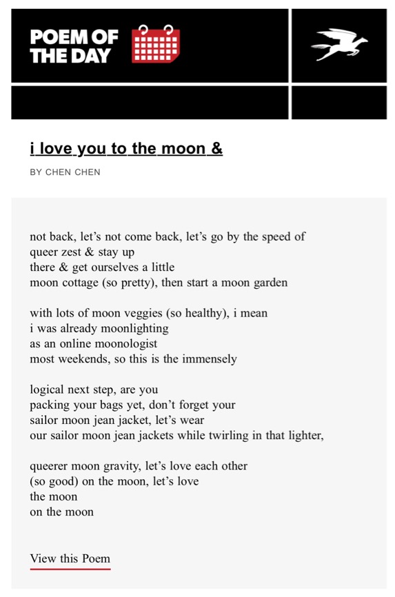 chenchenwrites's tweet photo. my queer (&amp; probably my best) love poem, “i love you to the moon &amp;” is Poem of the Day on @PoetryFound today. happy pride!! https://t.co/uJZ5pIE6Tl
