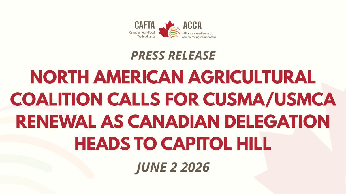 CAFTA_ACCA's tweet photo. This week, CAFTA is in Washington for direct meetings with members of key congressional committees ahead of the July 1 #USMCA joint review, joining nearly 160 North American agricultural organizations calling for the agreement's renewal.

Read more: 👉https://t.co/rLGstlWS8D https://t.co/bszSCScKs1