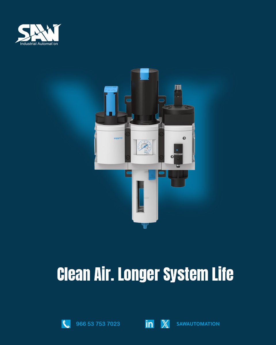 SawAutomation's tweet photo. Protecting your investment starts with clean compressed air 🌬️

Air contamination, moisture, and unstable pressure are among the main causes of pneumatic system failures and unplanned downtime. That is why the Festo MS Series FRL (Filter, Regulator, Lubricator) plays a critical role in maintaining reliable industrial automation performance.

⚙️ Key advantages of the Festo MS Series:

• Integrated air filtration, pressure regulation, and lubrication system  
• Modular design with support for Soft-start Valves and digital pressure sensors  
• High airflow efficiency with minimal pressure drop  
• Fast maintenance and easy filter replacement to reduce downtime

📉 Operational benefits:

• Extends the lifespan of valves and cylinders  
• Provides stable and precise pneumatic performance  
• Reduces maintenance costs and emergency failures  
• Improves compressed air efficiency across production lines

In industrial automation, clean and stable compressed air is not optional — it is essential for operational continuity and long-term equipment reliability.

#Festo #Pneumatics #IndustrialAutomation #IndustrialMaintenance