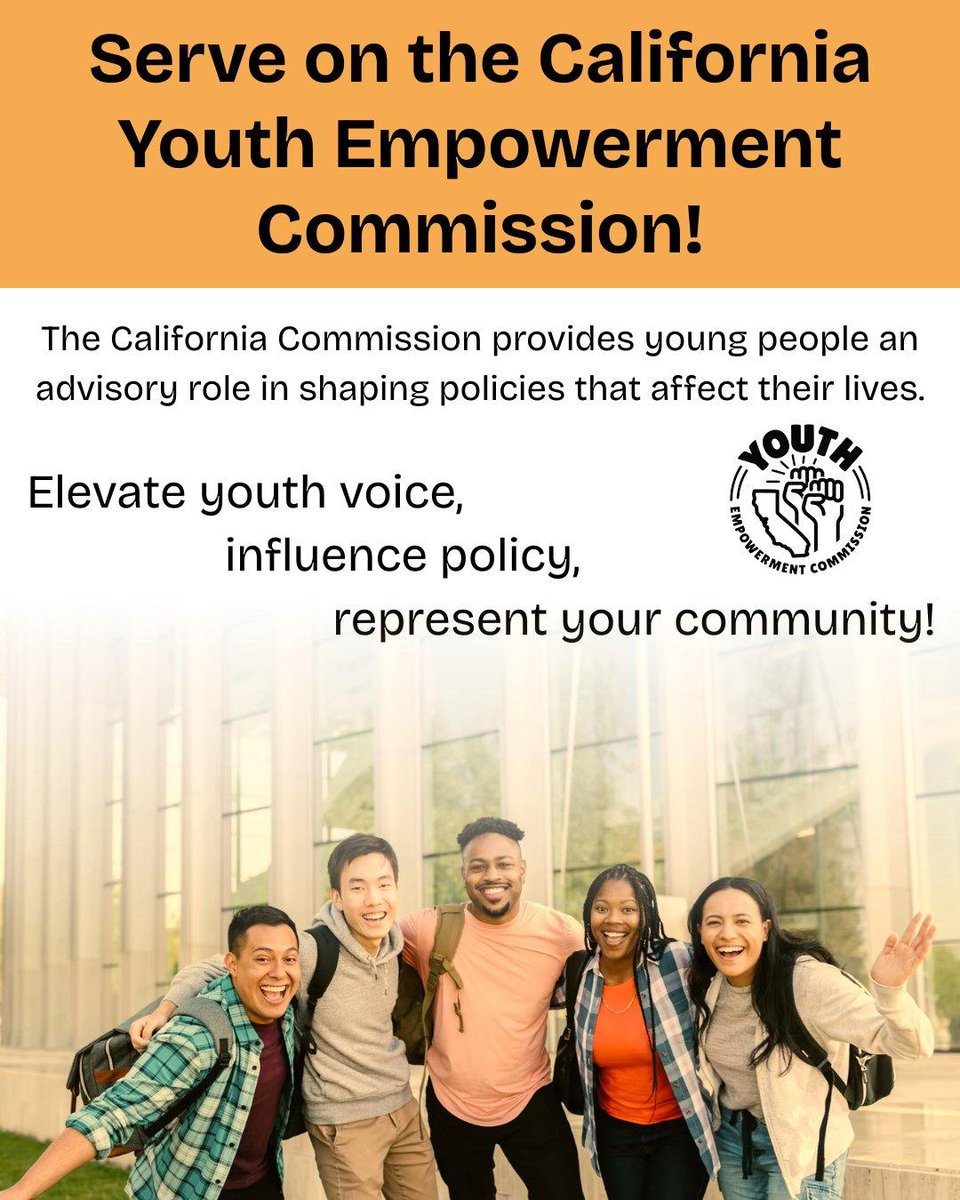 CADeptEd's tweet photo. 🚨 Calling all California youth! 🚨

The California Youth Empowerment Commission provides a great opportunity to develop leadership skills, influence positive change, and help build a stronger, more vibrant community for all youth. https://t.co/lsDOmJLJWu