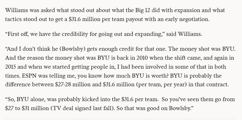 jjfuller72's tweet photo. Two key quotes from that Harmon article 3 yrs ago in screenshots show Mandel and Williams showing that BYU would have brought up the value of the Pac-12 pre-breakup, and that BYU brought up the AAV in the Big12 media deal by ~$4M per member https://t.co/hrr9kKWCF9